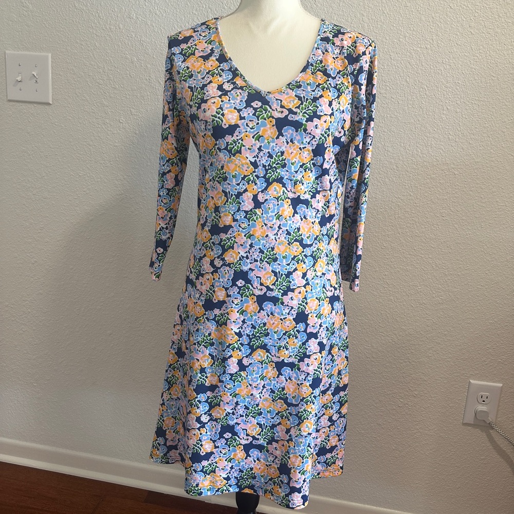 Smith & Quinn Blue Multicolor Floral Swing Dress 3/4 Sleeve Size Small
